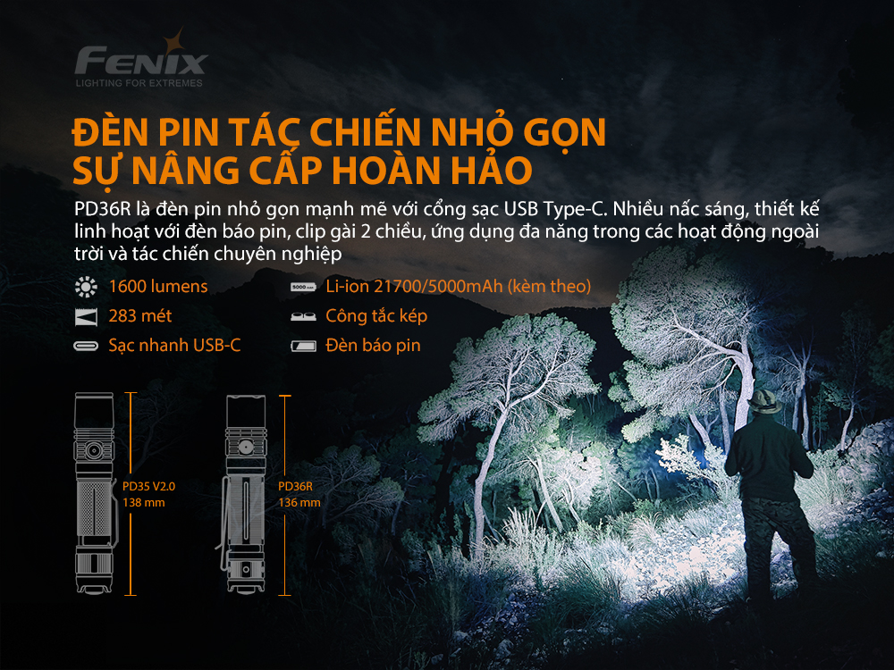 Đèn pin FENIX PD36R độ sáng 1600lm chiếu xa 283m sạc USB C pin 21700 5000mAh kèm theo