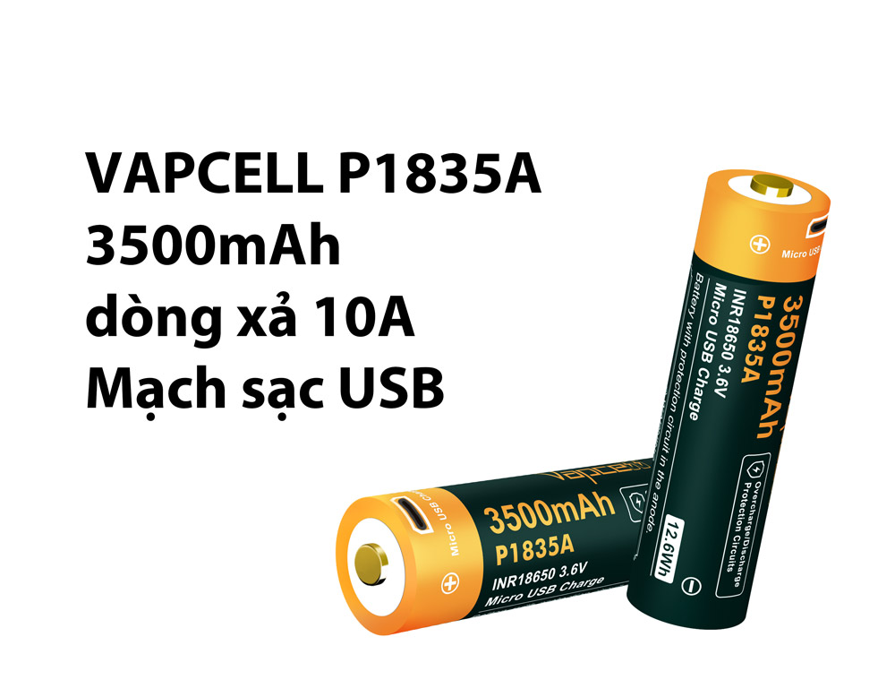 Pin sạc VAPCELL P1835A dung lượng 3500mAh dòng xả 10A có bảo vệ sạc USB