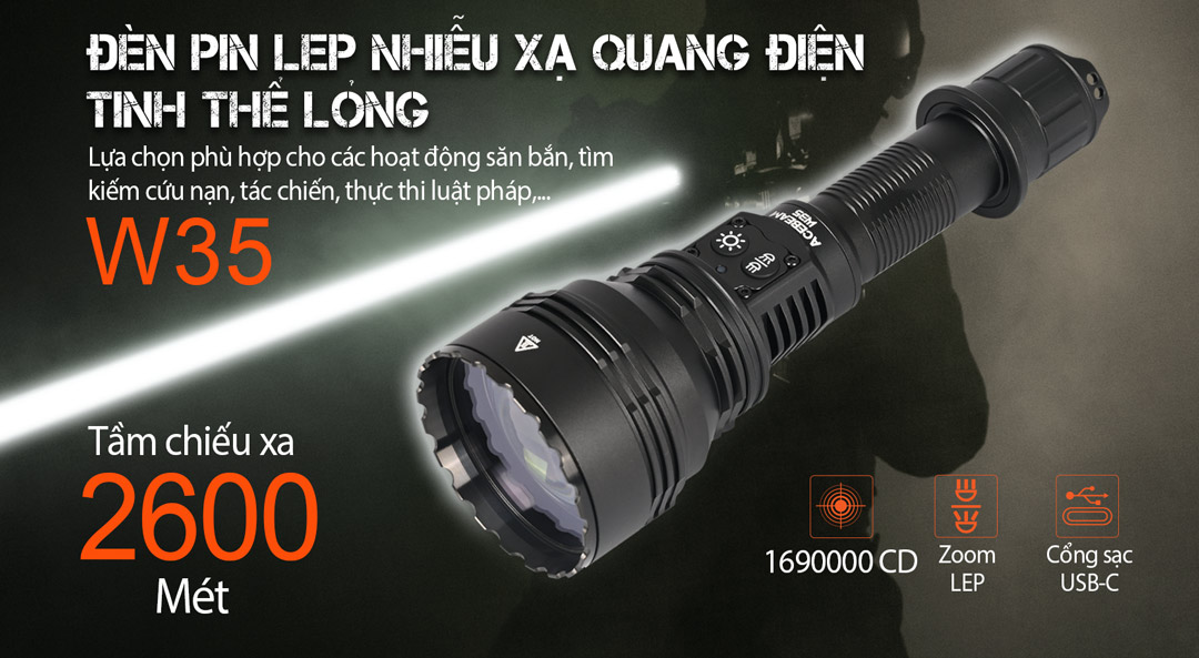 Đèn pin LEP zoom điện tử ACEBEAM W35 sáng 800lm chiếu siêu xa 2600m thấu kính DO pin 21700 5000mAh sạc USB-C