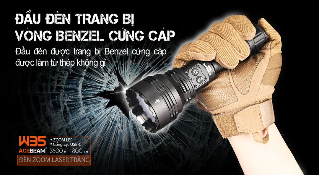 Đèn pin LEP zoom điện tử ACEBEAM W35 sáng 800lm chiếu siêu xa 2600m thấu kính DO pin 21700 5000mAh sạc USB-C