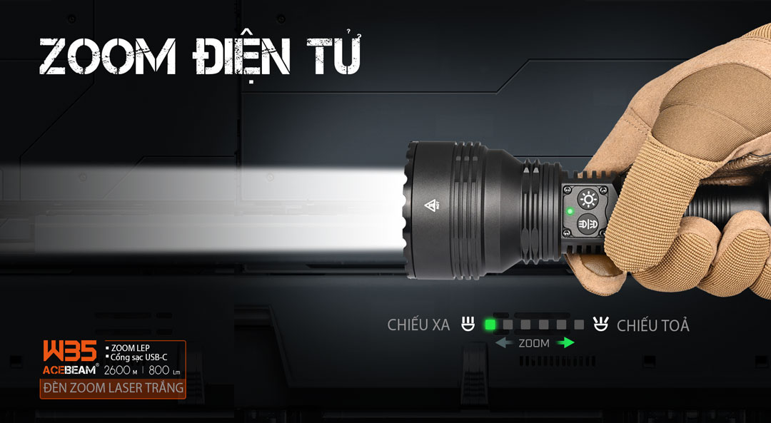 Đèn pin LEP zoom điện tử ACEBEAM W35 sáng 800lm chiếu siêu xa 2600m thấu kính DO pin 21700 5000mAh sạc USB-C
