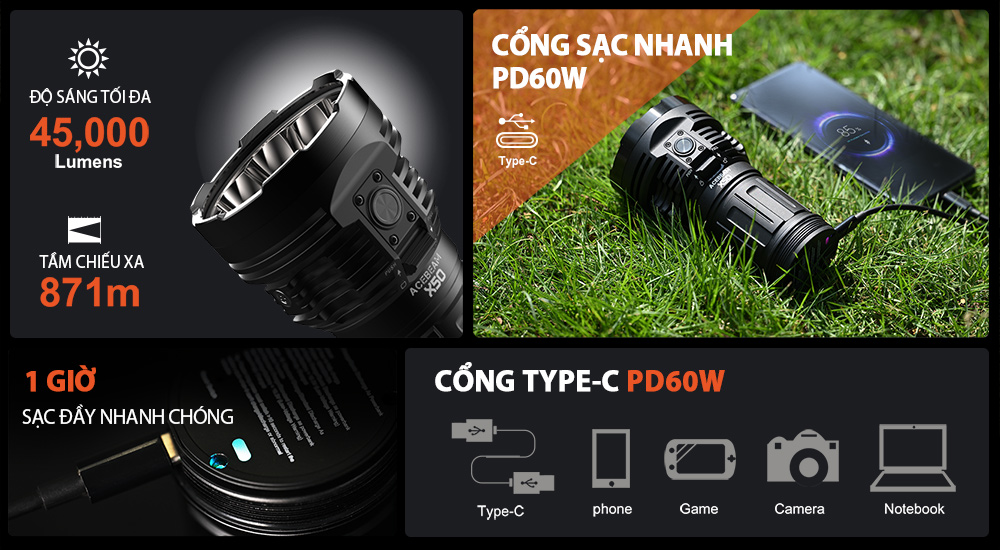 Đèn pin ACEBEAM X50 V2 độ sáng 45.000 lumen chiếu xa 871m nhiệt màu 6500K