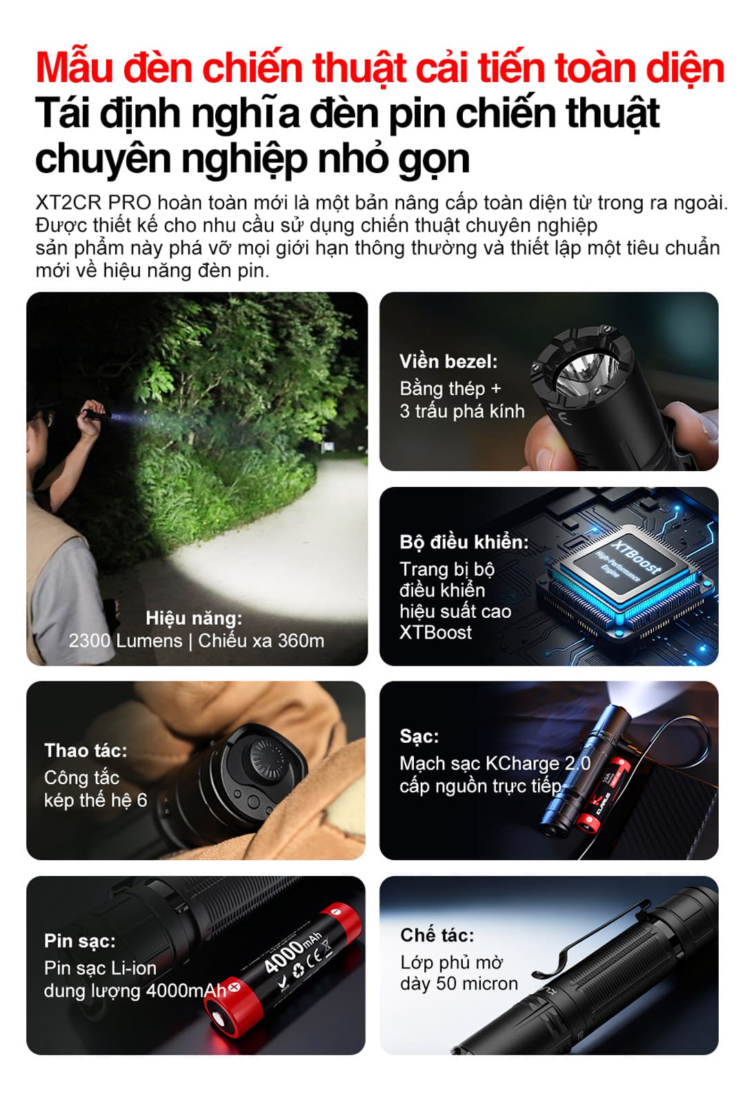 XT2CR PRO là mẫu đèn chiến thuật nâng cấp toàn diện với bezel thép, 3 trấu phá kính, bộ điều khiển XTBoost, công tắc kép thế hệ 6 và sạc KCharge 2.0.