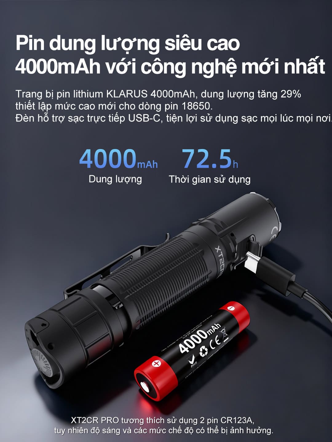 Đèn sử dụng pin sạc KLARUS 18650 dung lượng 4000mAh, hỗ trợ sạc trực tiếp USB-C và thời gian sử dụng lên tới 72,5 giờ.