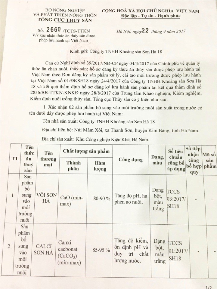 giấy phép lưu hành calci và vôi Sơn Hà