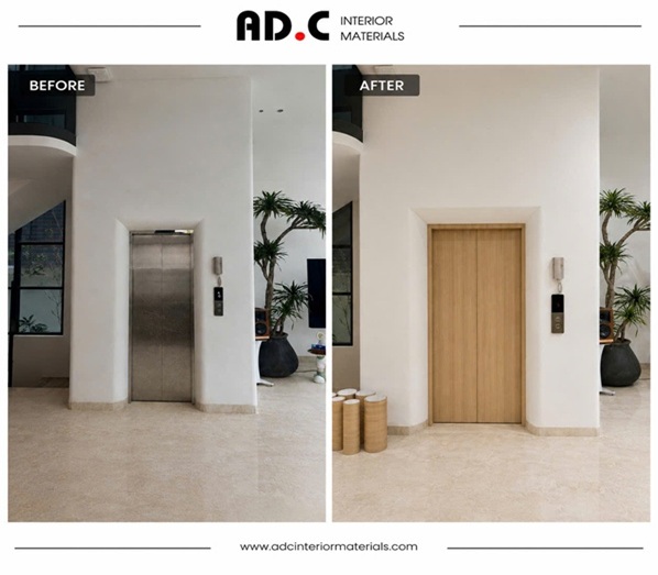 CẢI TẠO CỬA VÀ CABIN THANG MÁY INOX XƯỚC RĂM BẰNG FILM NỘI THẤT REATEC