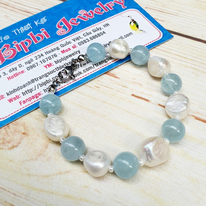 Vòng tay đá aquamarine mix ngọc trai