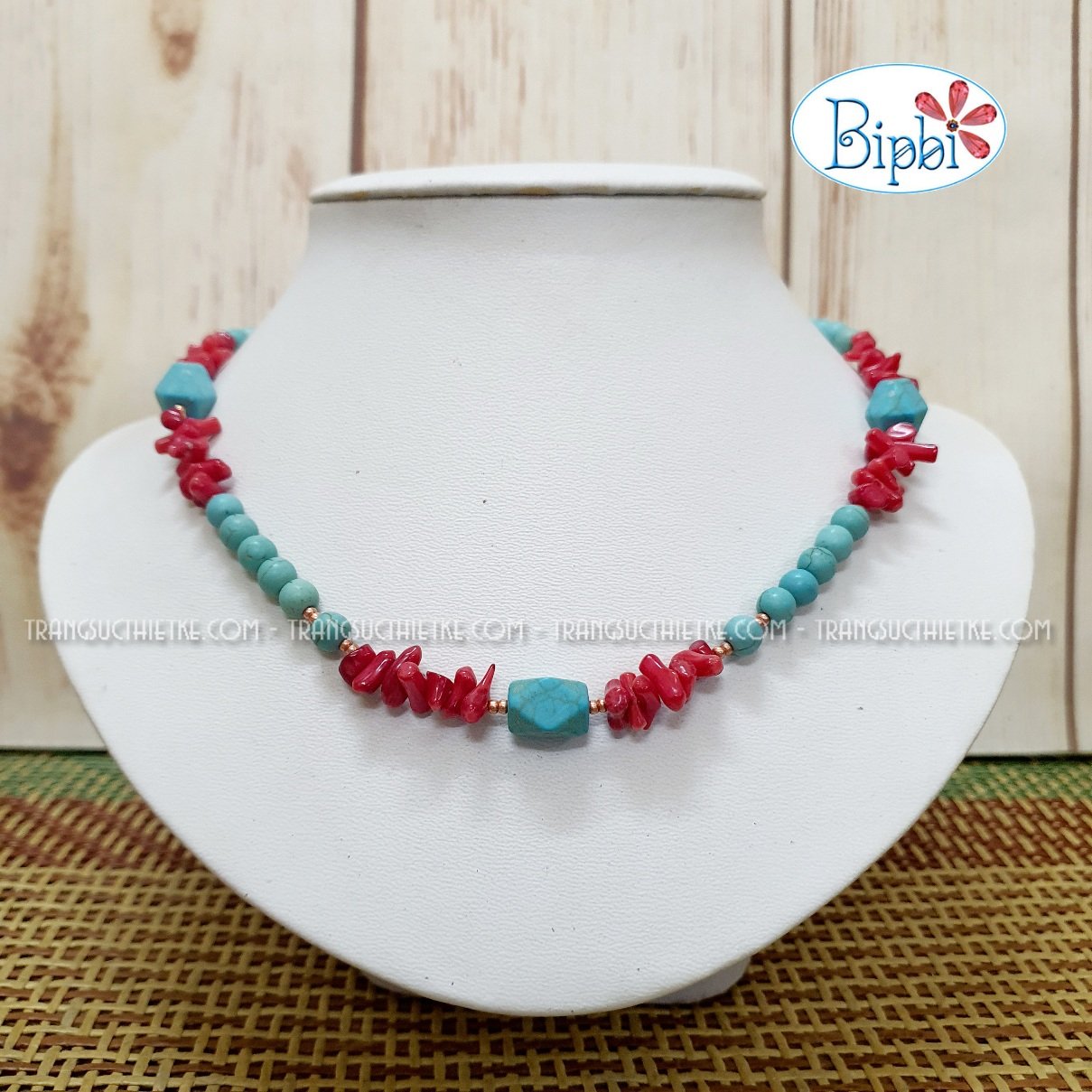 Vòng cổ turquoise mix san hô đỏ