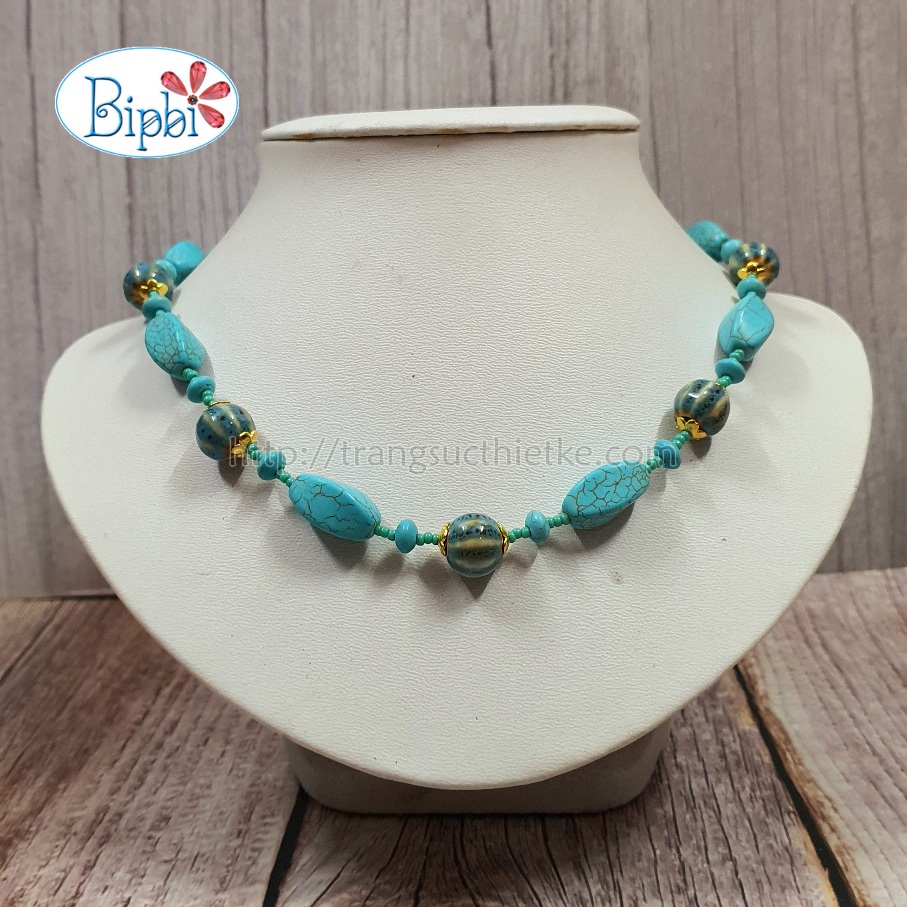 Vòng cổ đá turquoise phối gốm