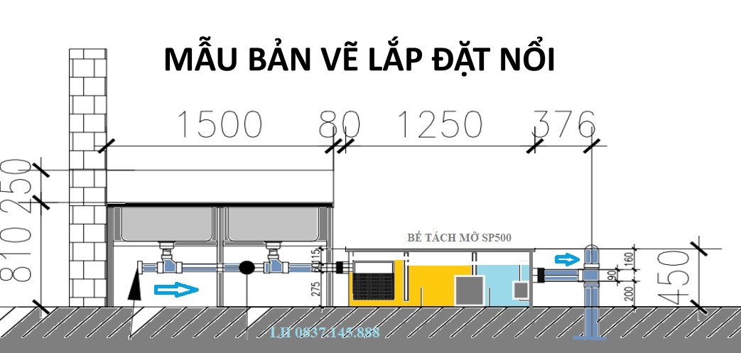 Mẫu bản vẽ thiết kế bể tách mỡ lắp âm sàn cho nhà hàng và bếp ăn công nghiệp đưới 500 suất ăn