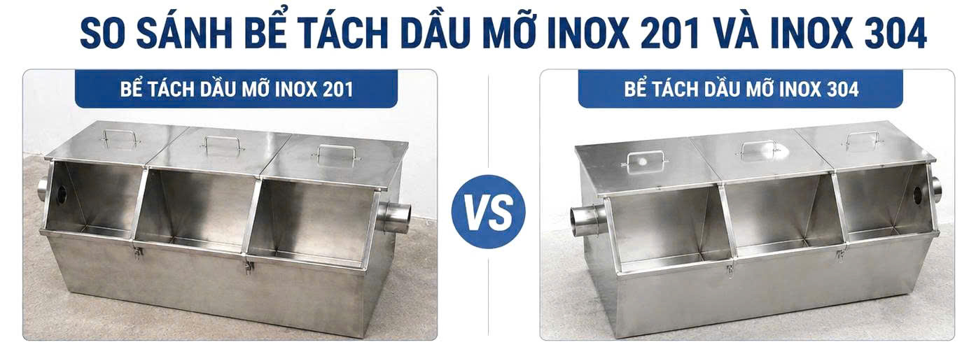 Bảng so sánh bể tách mỡ inox 304 và inox 201