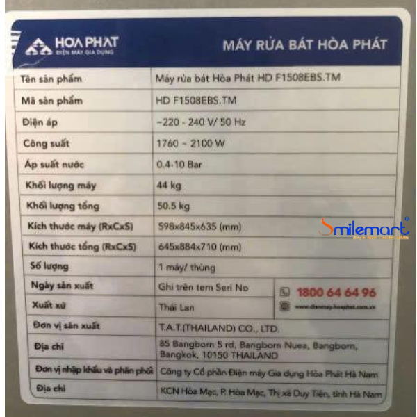 Máy rửa bát 15 bộ Hòa Phát HD F1508EBS.TM - Sản xuất tại Thái Lan - Bảo hành 36 tháng