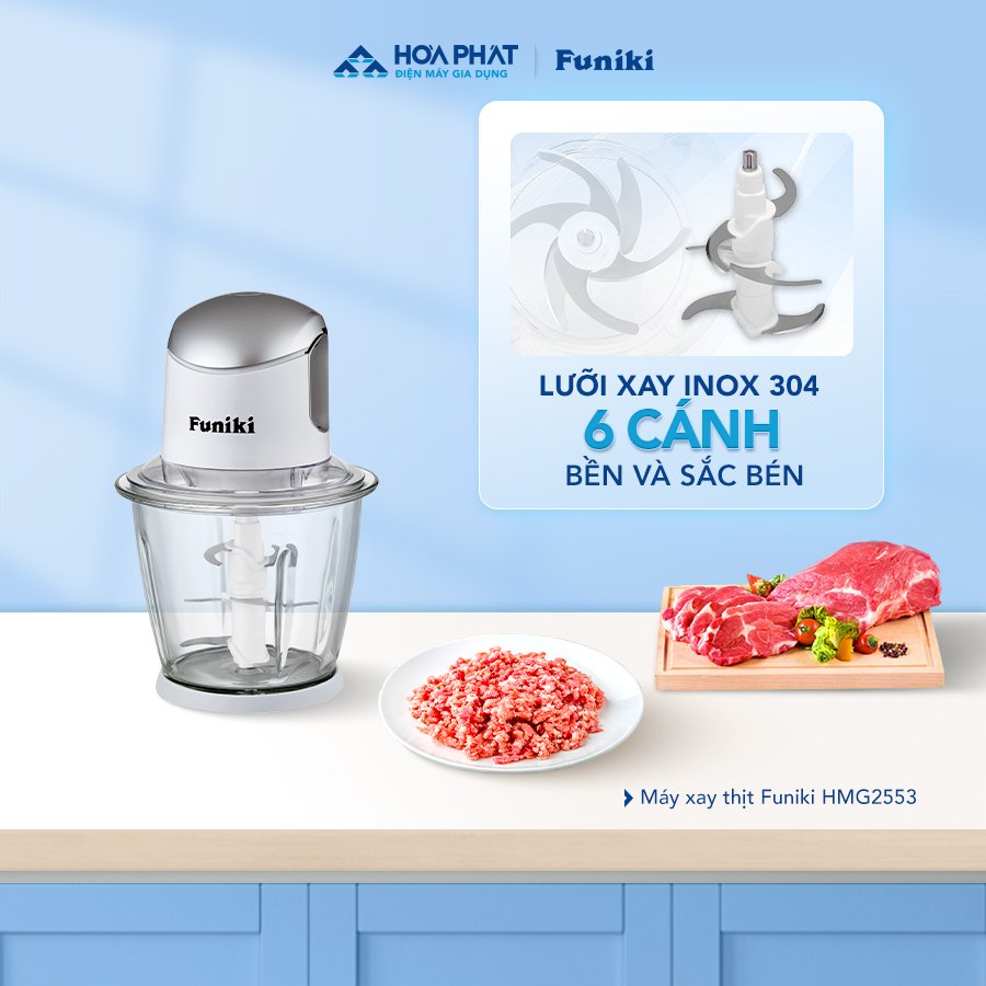 (Bảo hành 14 tháng) Máy xay thịt Funiki HMG2553 500W cối thuỷ tinh , dung tích 1500ml, 6 lưỡi dao xay