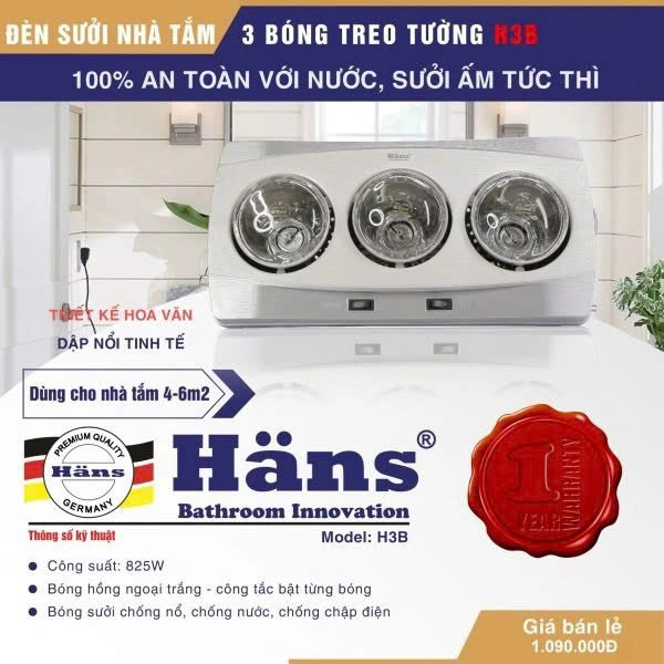 Đèn sưởi 3 bóng treo tường Hans – H3B - Bảo hành 12 tháng