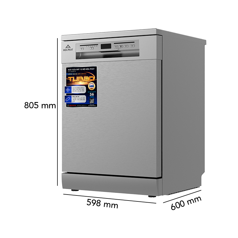 (Bảo hành 36 tháng) Máy rửa bát 13 bộ Hòa Phát HD F1306DBS.TM 6 chương trình rửa, sấy nhiệt Turbo