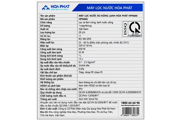 (Miễn phí lắp đặt + Tặng kèm lõi thô) Máy lọc nước nóng lạnh Hòa Phát HPN666 - Lạnh Block - 11 lõi đúc liền - Công suất 20 lít/giờ