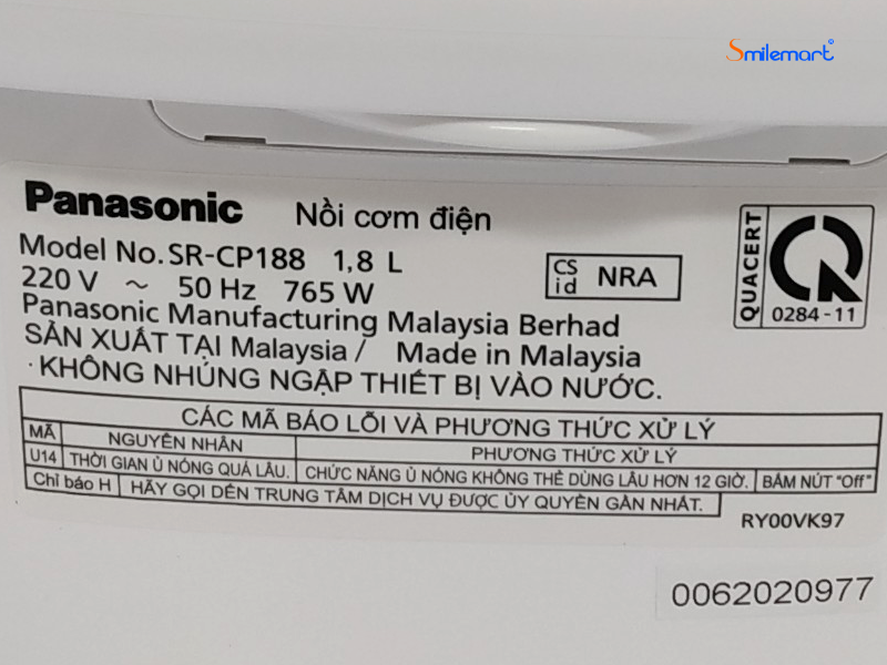 Nồi cơm điện tử Panasonic 1.8 lít SR-CP188NRAM