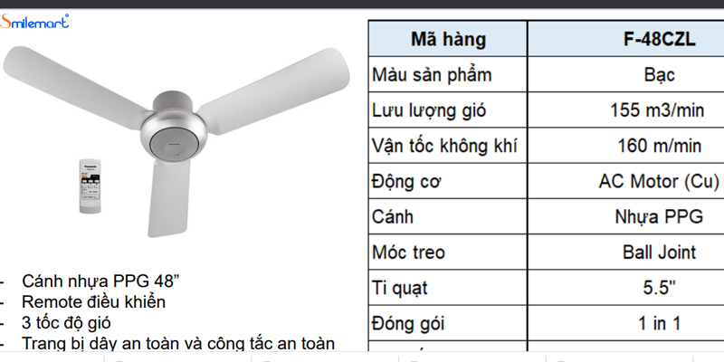 Quạt trần 3 cánh Panasonic F-48CZL