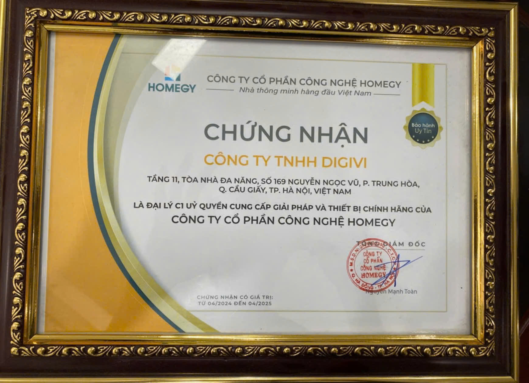 giấy chứng nhận của Homegy