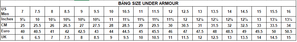 Tính size giày - bảng size Under armour