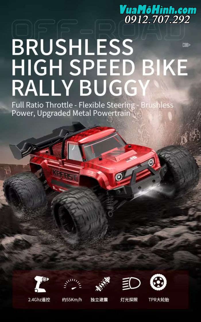 Xe Monster Truck 65km/h, động cơ Brushless, pin 2S bánh răng full kim loại, 4WD, 2.4Ghz