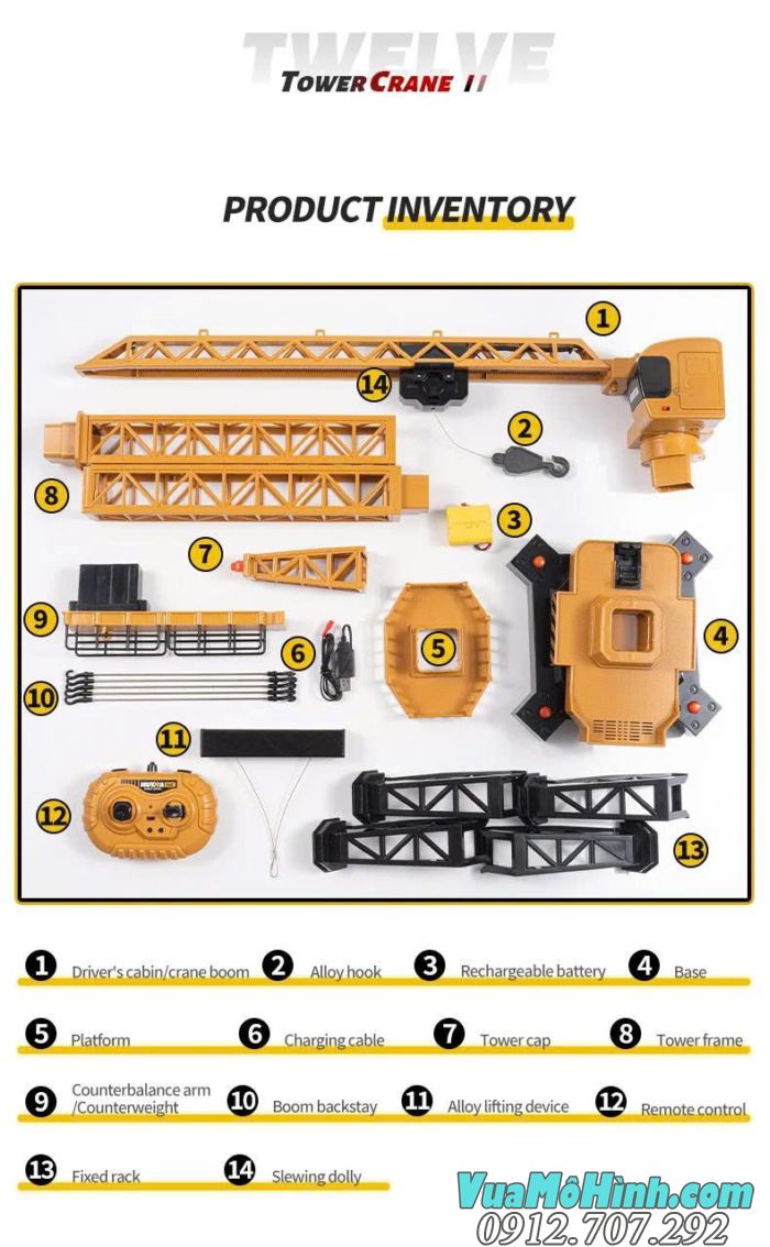 Cần cẩu tháp Huina 1585 mô hình điều khiển từ xa tỷ lệ 1:14 chi tiết cao chính hãng