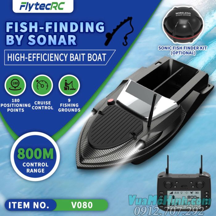 Thuyền thả mồi Flytec V080 GPS điều khiển từ xa có sonar dò cá, tải trọng 3kg, pin 20000mAh, phạm vi 800 mét.