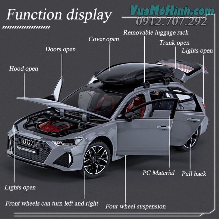 Mô hình Diecast đồ chơi siêu xe thu nhỏ Audi RS6 tỷ lệ 1:24, xe hơi ô tô Audi RS6 bằng kim loại