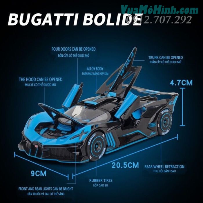 Mô hình đồ chơi siêu xe oto thu nhỏ Bugatti Bolide Super Sports tỷ lệ 1:24, xe ô tô sang thu nhỏ bằng kim loại