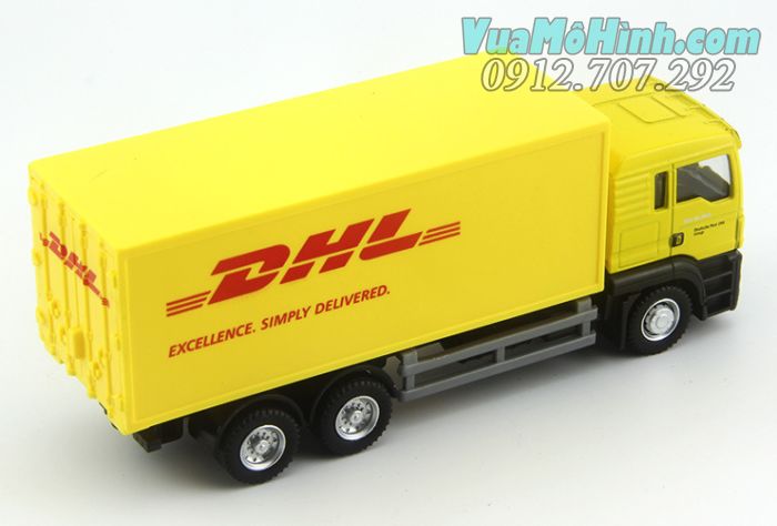 Mô hình tĩnh xe ô tô tải chở hàng DHL tỉ lệ 1:64 chất liệu hợp kim, màu vàng