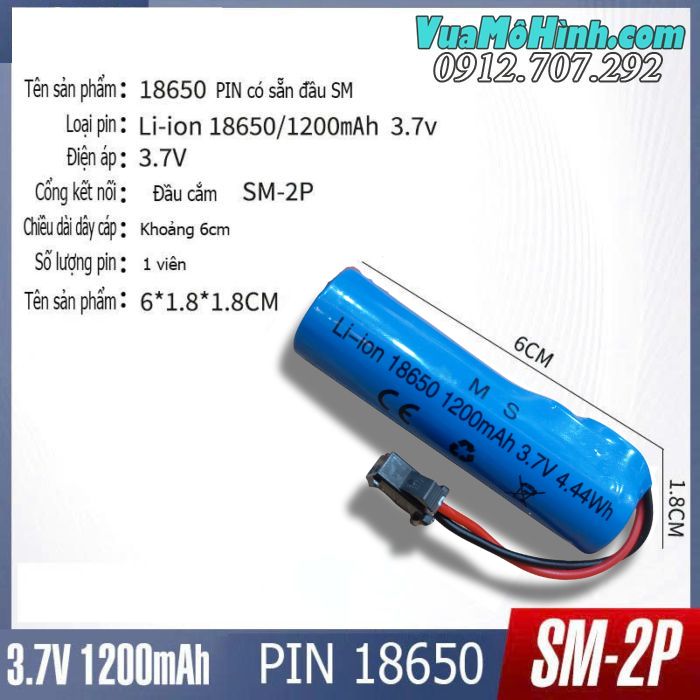 pin lipo 3.7v 1200mah jack sm-2p cho xe rc