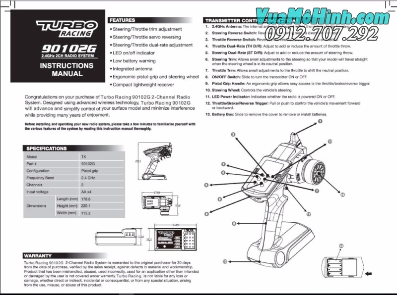 Tay điều khiển Turbo Racing 90102G 2 kênh 3 kênh dùng cho xe điều khiển và cano điều khiển