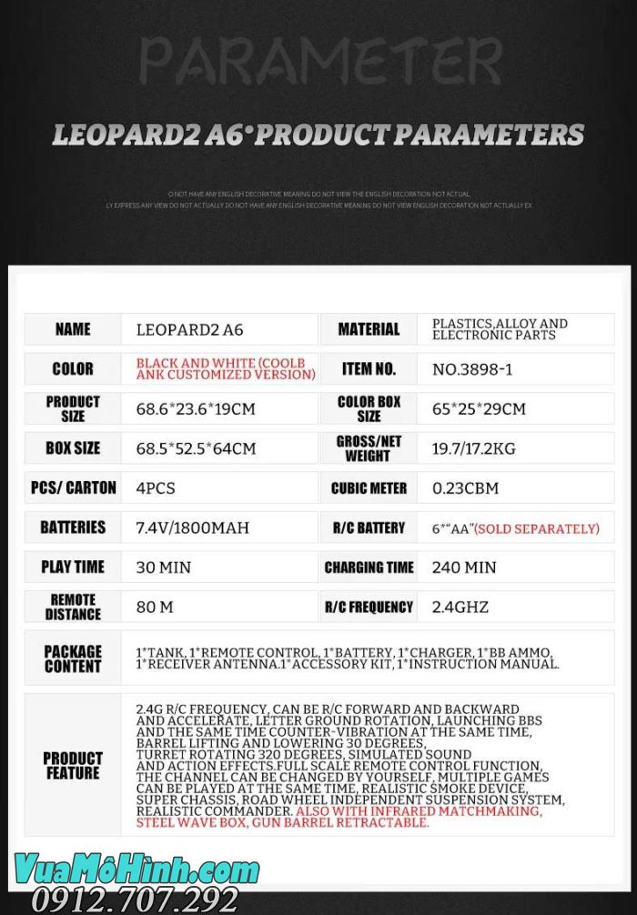 Xe tăng điều khiển từ xa Coolbank 3889-1 Leopard 2A6 tỷ lệ 1/16