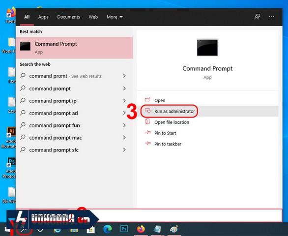 Bạn mở cửa sổ Command Promt rồi vào nút Search