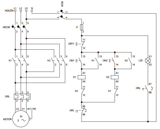 mạch đảo chiều động cơ 3 pha dùng nút nhấn ON, OFF