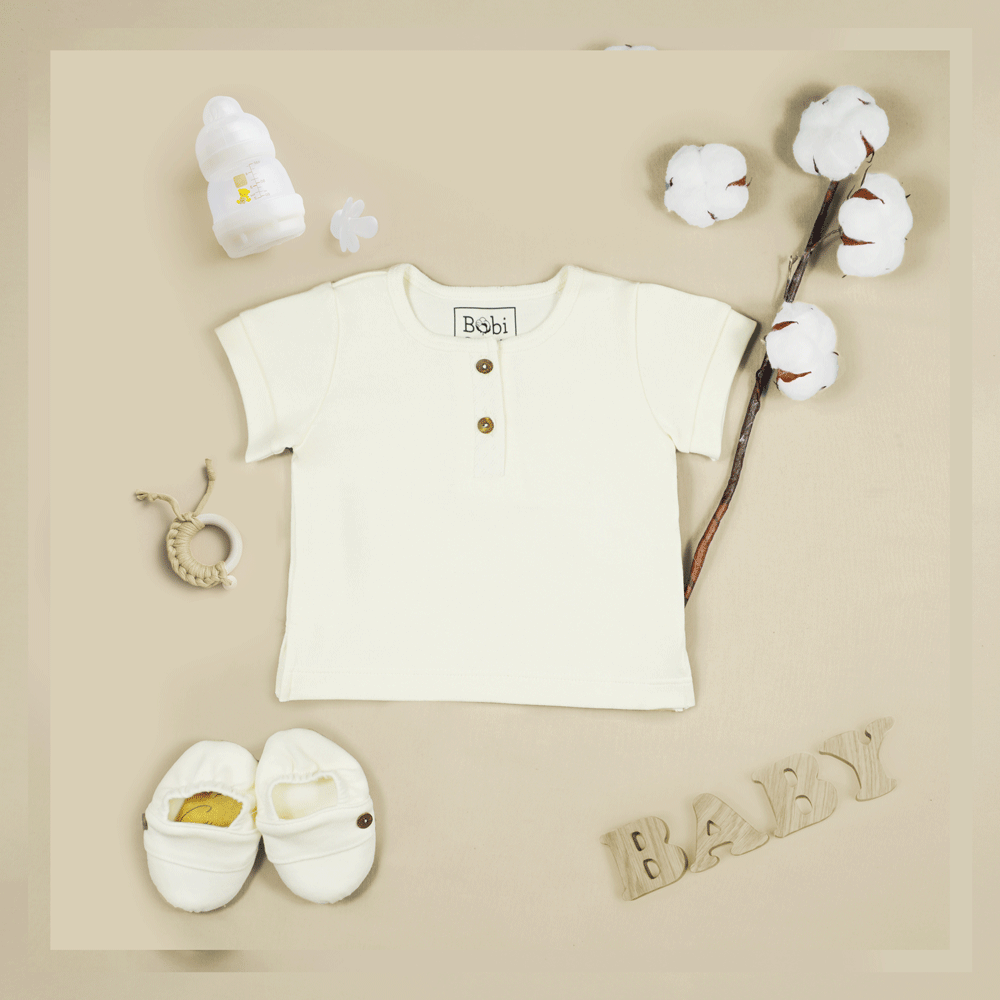 Quần áo trẻ em Bobicraft - Áo thun bé trai cổ viền tròn kem - Cotton hữu cơ organic an toàn | Bobi Craft | The Art of Big Dreams