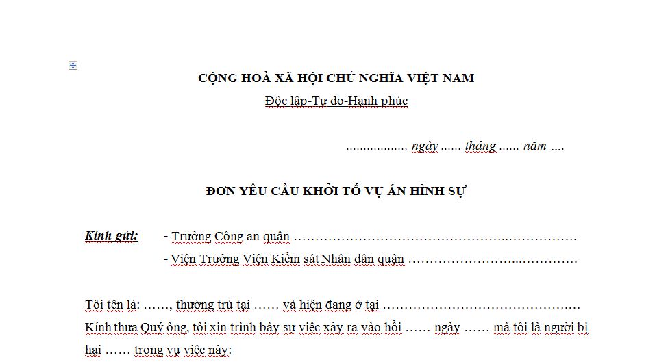 Mẫu đơn yêu cầu khởi tố vụ án Hình sự