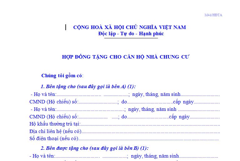 Mẫu hợp đồng tặng cho Căn hộ chung cư