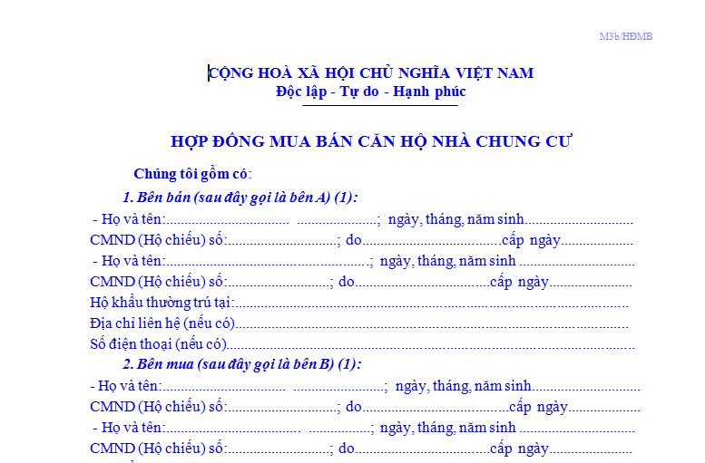 Mẫu hợp đồng mua bán Căn hộ chung cư