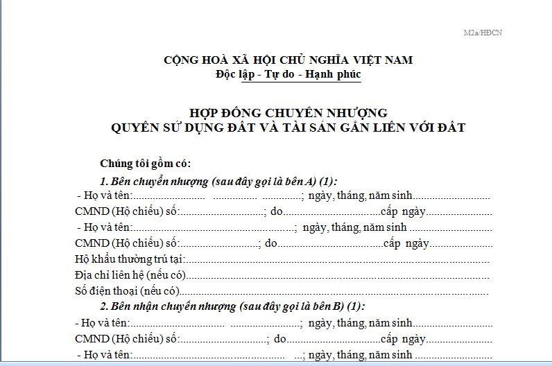 Mẫu Hợp đồng chuyển nhượng Quyền sử dụng đất và tài sản gắn liền với Đất