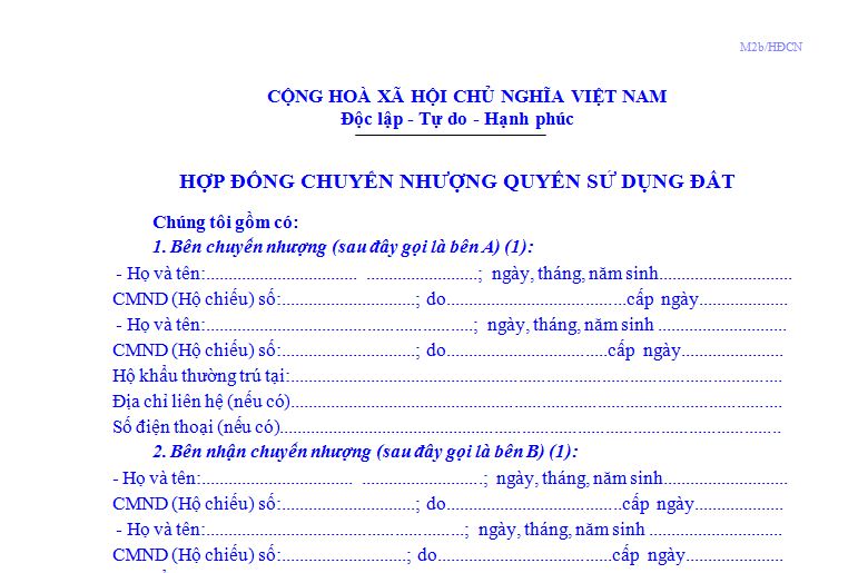 Mẫu Hợp đồng chuyển nhượng Quyền sử dụng đất