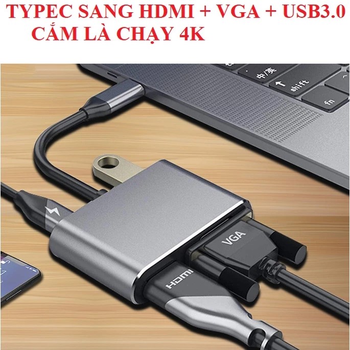 Bộ cáp chuyển đổi tín hiệu từ chân Typec sang HDMI+VGA+USB3.0 chất lượng cao 4K