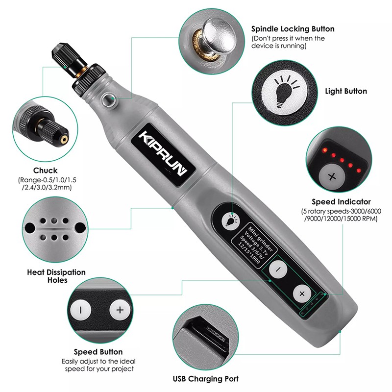 Bút mài khắc cắt khoan cầm tay không dây 3.7V 15000rpm 5 Tốc Độ Kèm Sạc USB