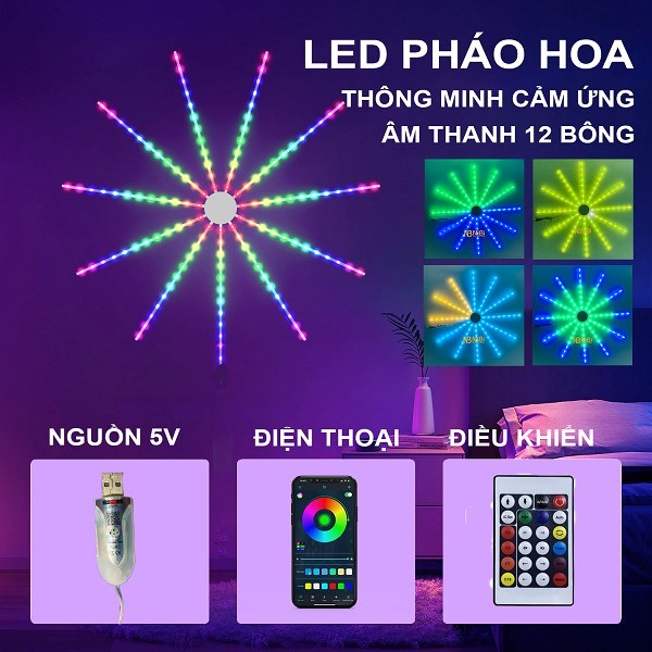 Đèn led pháo hoa RGB (kèm điều khiển + kết nối app) tia dài 50cm, dây đèn led pháo hoa cảm biến âm thanh, nháy theo nhạc