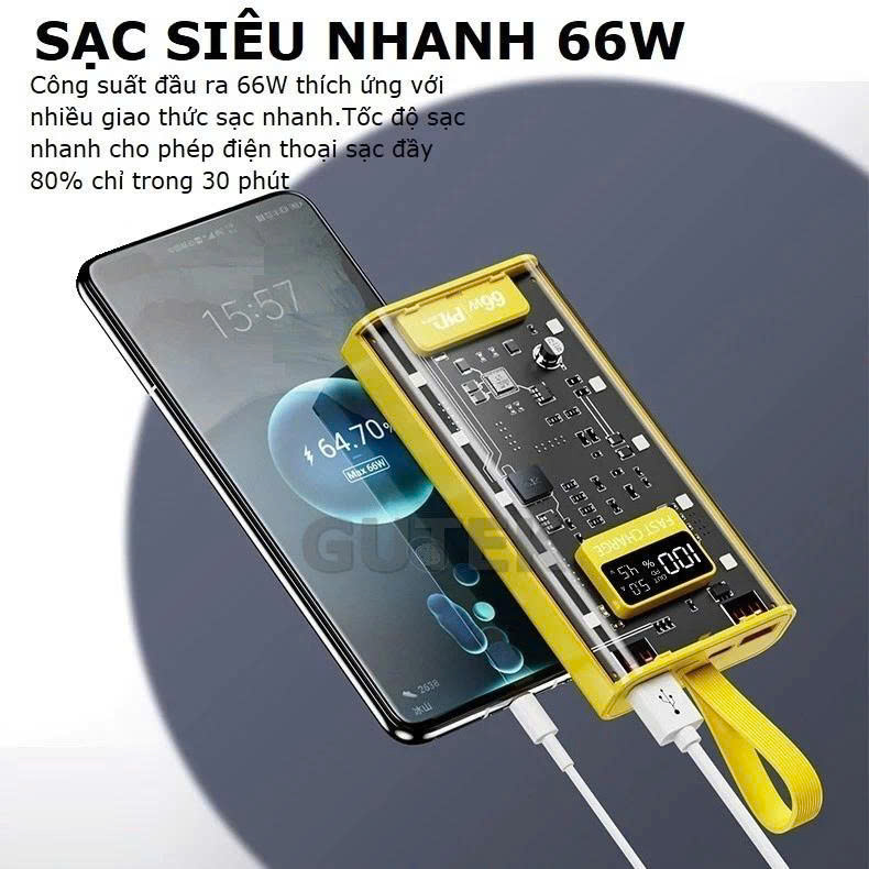 Sạc Dựng Phòng Trong Suốt 30000mAh Với 2 Cổng Sạc Nhanh 22.5w và PD 20W Kèm 4 Đầu Sạc Màn Hình LED