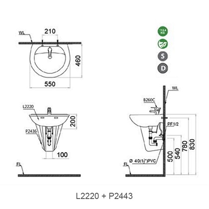 Chậu Rửa Treo Tường CAESAR Chân Ngắn L2220/P2443