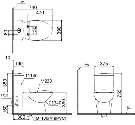 Bồn Cầu Nắp Rửa Cơ CAESAR CD1340/TAF050 2 Khối