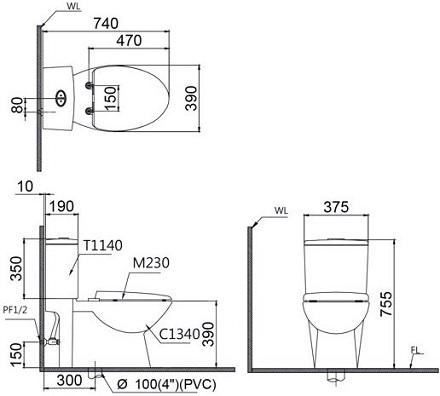 Bồn Cầu Thông Minh CAESAR CD1340/TAF400H 2 Khối