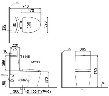 Bồn Cầu Điện Tử CAESAR CD1345/TAF200H 2 Khối