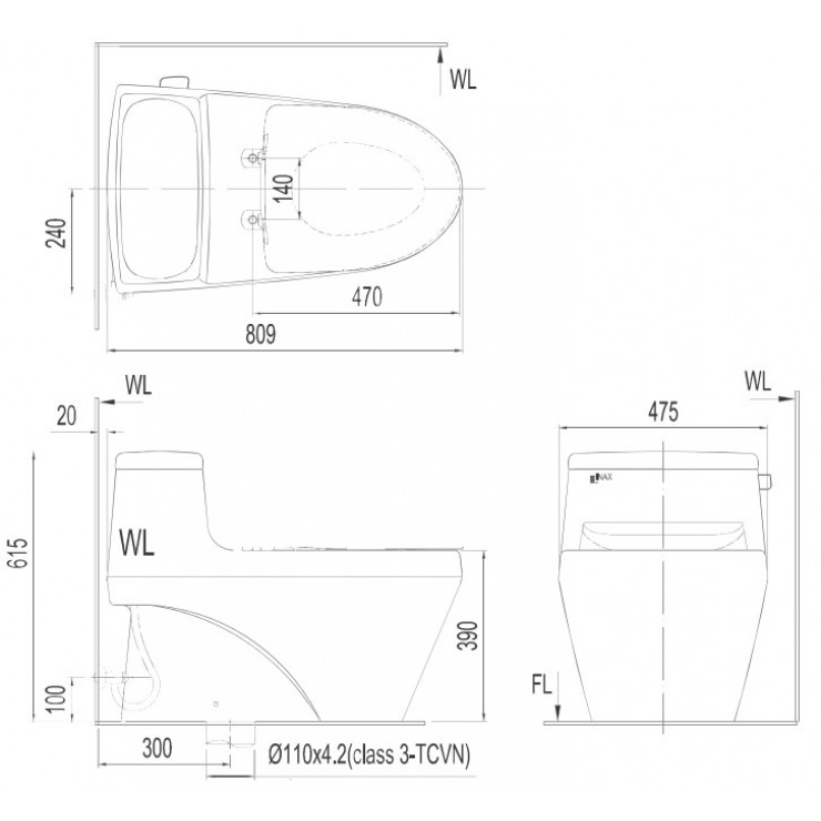 Bồn cầu INAX 1 khối nắp rửa điện tử AC-1135 CW-KA22AVN